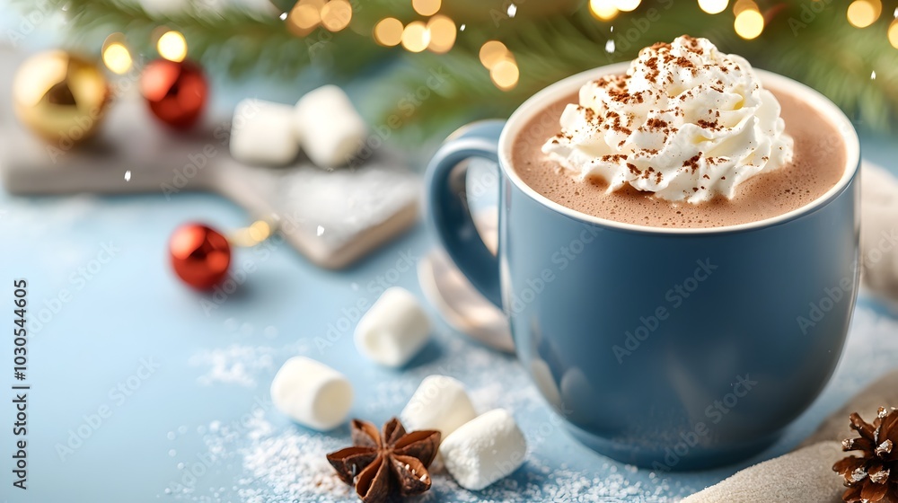 Close up of a steaming mug of hot cocoa with a dollop of whipped cream and fluffy marshmallows captured in a cozy and festive winter setting Close up of a steaming mug of hot cocoa with a dollop of whipped cream and fluffy marshmallows captured in a cozy and festive winter setting