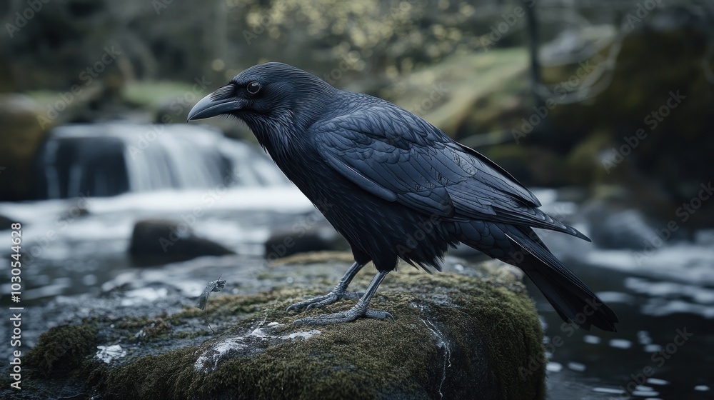 A raven perched on a mossy rock by a serene waterfall. A raven perched on a mossy rock by a serene waterfall.