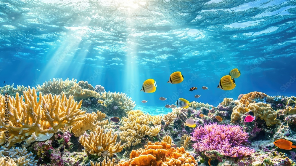 Naklejka premium Vibrant Coral Reef Teeming with Marine Life