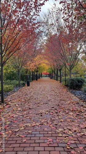 Scenic Tree-Lined Walkway in Vibrant Autumn Park