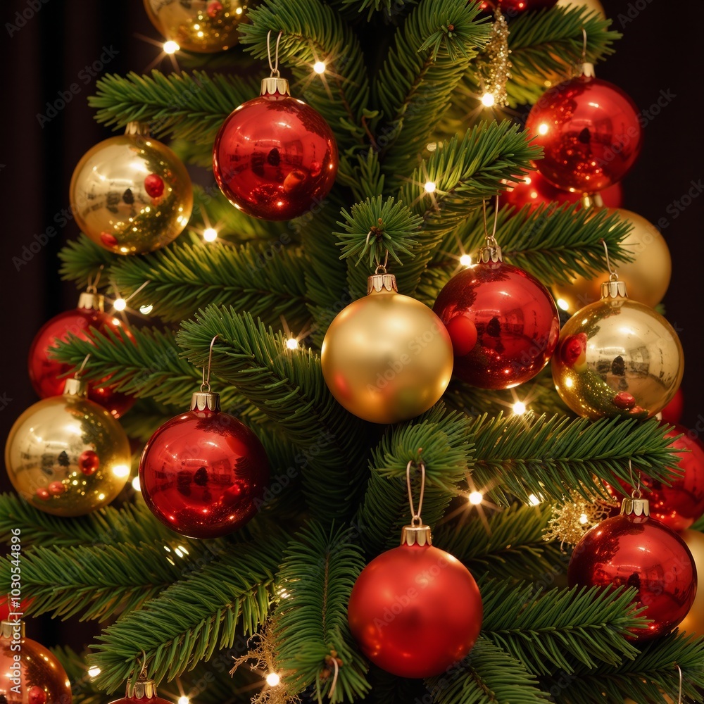 Fototapeta premium A Christmas tree featuring multiple bright ornaments accompanied by a golden-and-red New Years tree arrangement