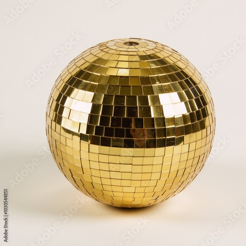 A shimmering gold disco ball against a crisp white backdrop