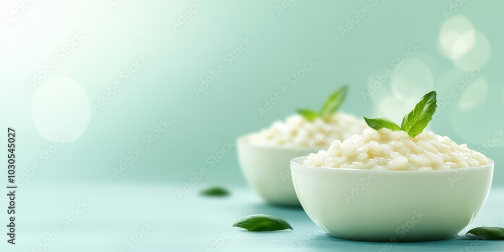 Fresh dairy product served in bowls, garnished with green leaves, perfect for healthy meals and light snacks. Fresh dairy product served in bowls, garnished with green leaves, perfect for healthy meals and light snacks.
