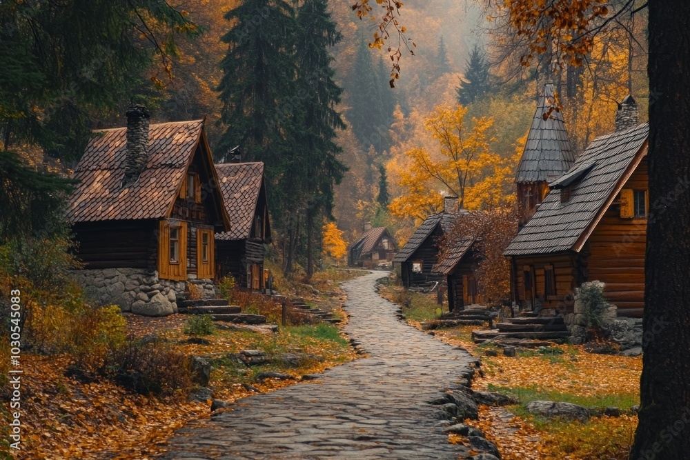A serene autumn scene featuring rustic cabins along a cobblestone path in a forest. A serene autumn scene featuring rustic cabins along a cobblestone path in a forest.