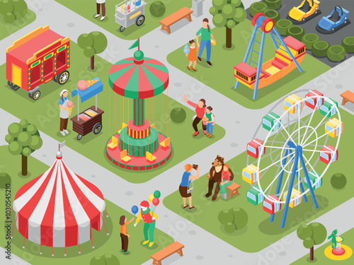 Isometric amusement park. Parents with children walking, eating ice cream, ride on swings and take photos with actors. Circus flawless vector scene
