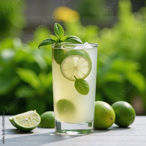 Basil Margarita with garnish amidst an herb garden backdrop photo