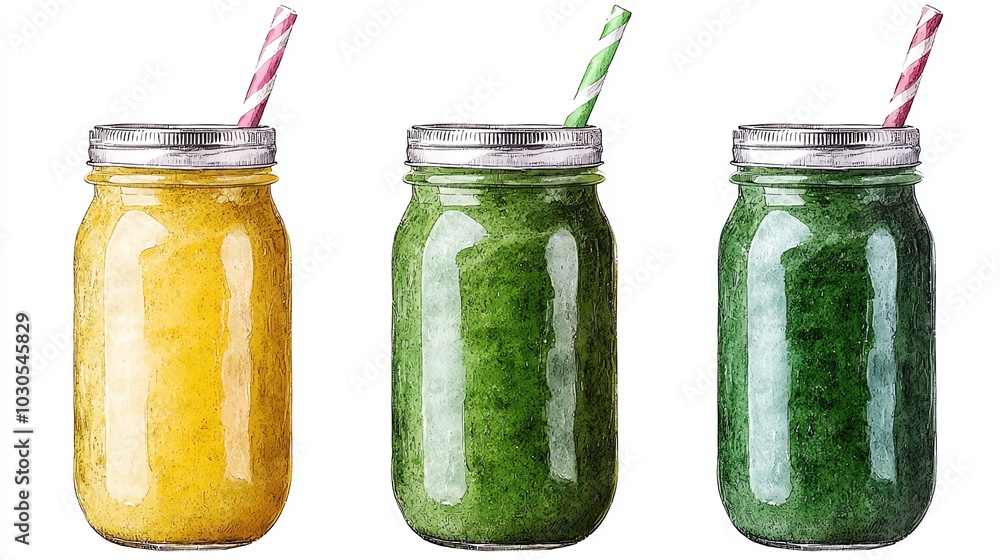 Brightly colored smoothies in jars, featuring yellow, green, and green hues, topped with striped straws for a refreshing look.