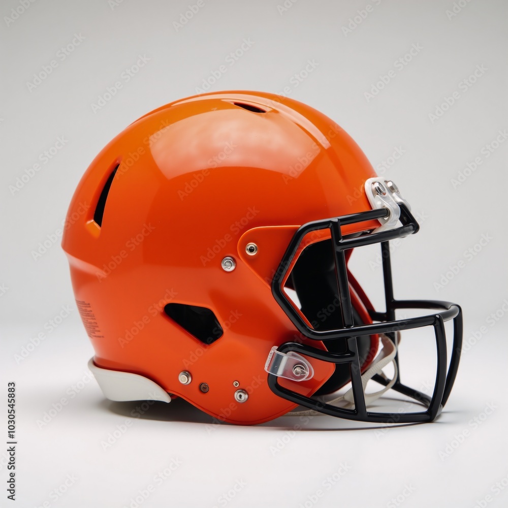 Fototapeta premium Isolated bright orange American football helmet with black faceguard against white backdrop highlights safety and sporty design