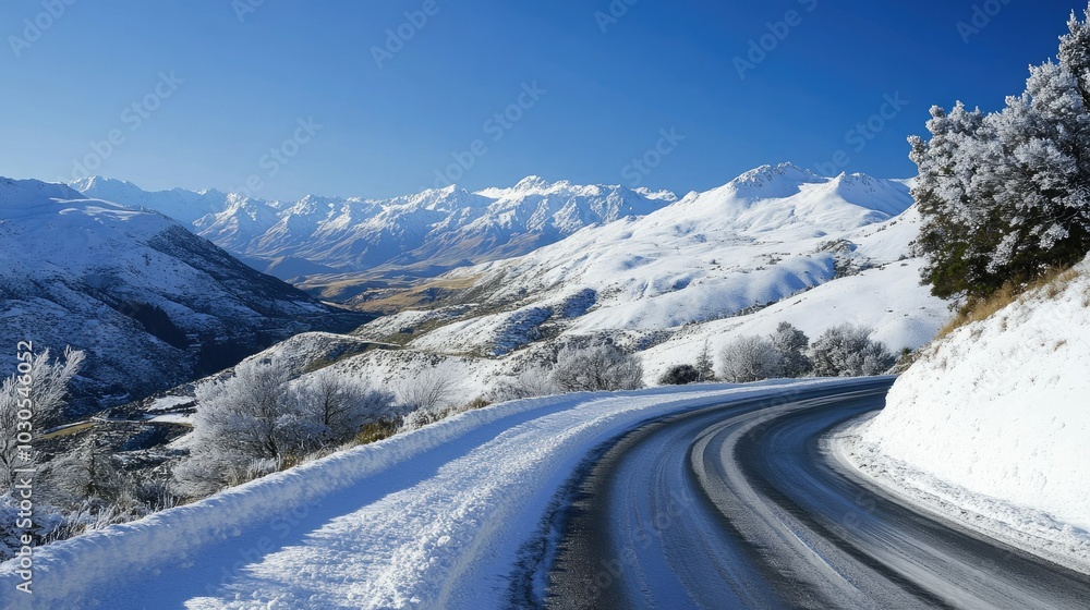 A winter scene on Road Snow-covered hills and a winding road lined with snowy trees distant mountains and a clear blue sky road with snow mountains remarkable A winter scene on Road Snow-covered hills and a winding road lined with snowy trees distant mountains and a clear blue sky road with snow mountains remarkable