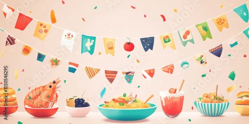 Vibrant party scene with colorful decorations and an array of delicious food served in bowls, perfect for celebrations.