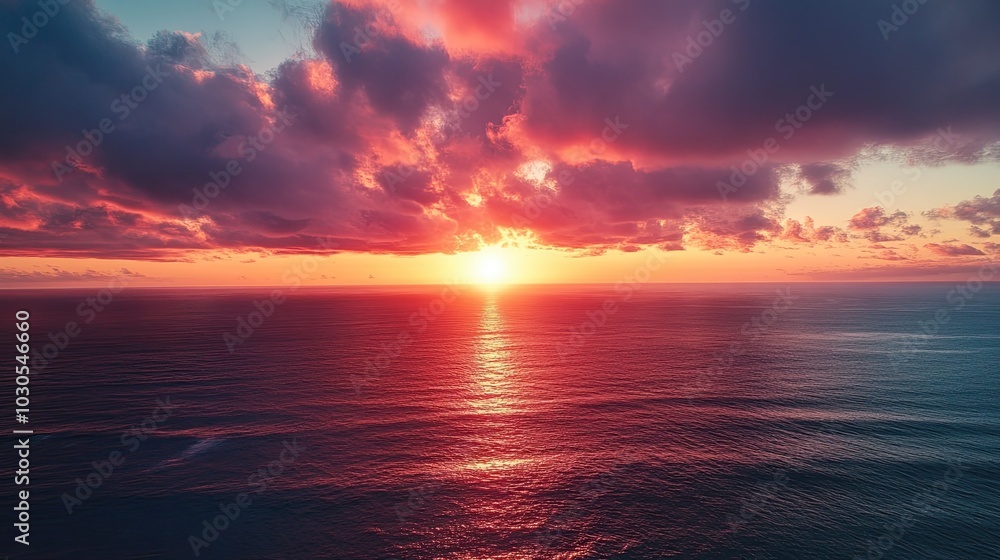 Aerial view of Epic Sunset over the Ocean and Sky with Clouds on the Horizon Aerial view of Epic Sunset over the Ocean and Sky with Clouds on the Horizon