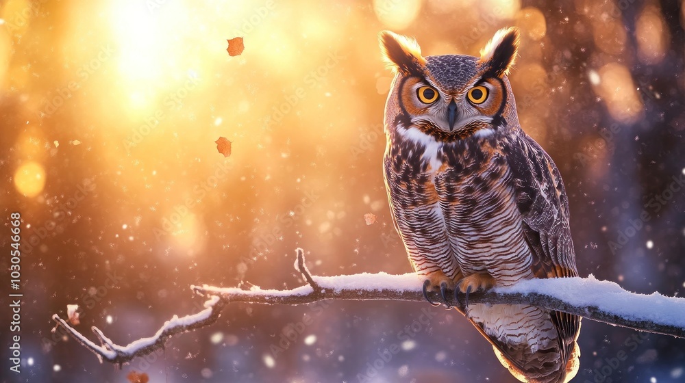 A majestic owl perched on a snowy branch, illuminated by a warm, glowing background. A majestic owl perched on a snowy branch, illuminated by a warm, glowing background.