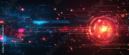 Stock image showcasing innovation in cyber technology, featuring futuristic digital elements and abstract patterns on a dark background photo