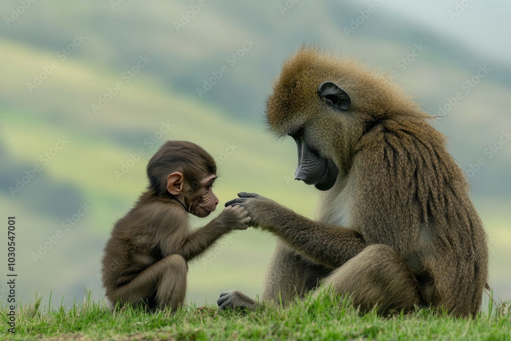 Obraz premium A baboon mother and her baby interact tenderly in a natural setting.