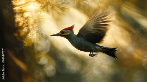 A bird in flight, showcasing its vibrant plumage against a blurred natural background. photo