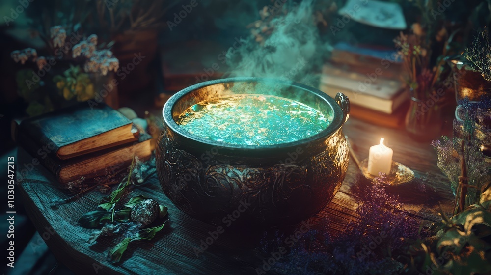 Enchanted Caldron with Shimmering Potion Enchanted Caldron with Shimmering Potion