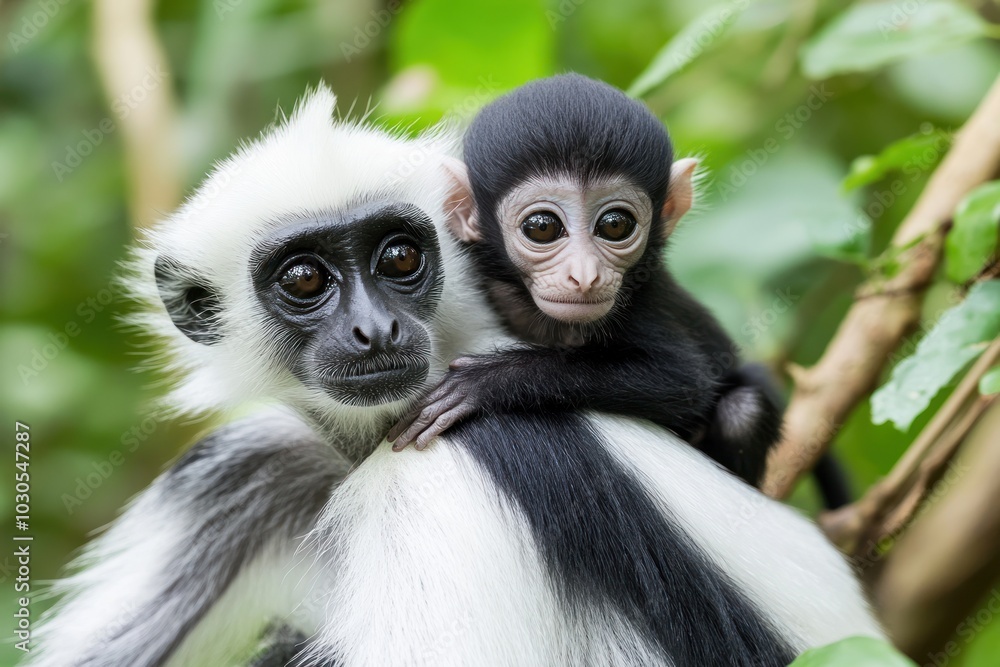 A close-up of a white-haired monkey with a baby, set against a lush green background. A close-up of a white-haired monkey with a baby, set against a lush green background.