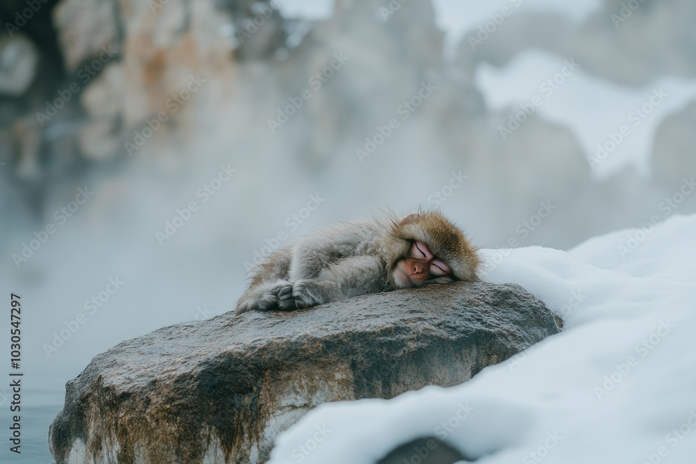 Obraz premium A monkey rests on a rock surrounded by snow and steam, embodying tranquility in nature.
