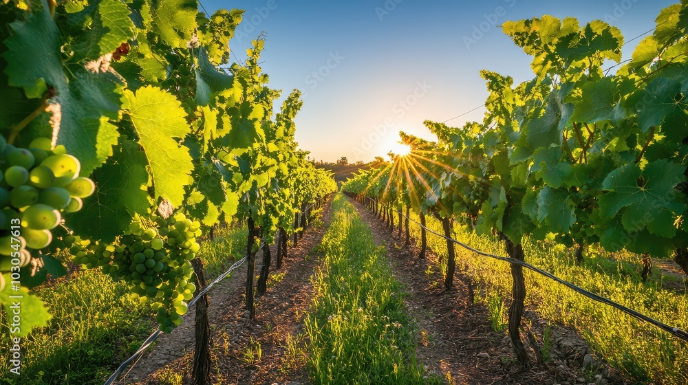 Vibrant Vineyard Rows Under Clear Blue Sky Vibrant Vineyard Rows Under Clear Blue Sky