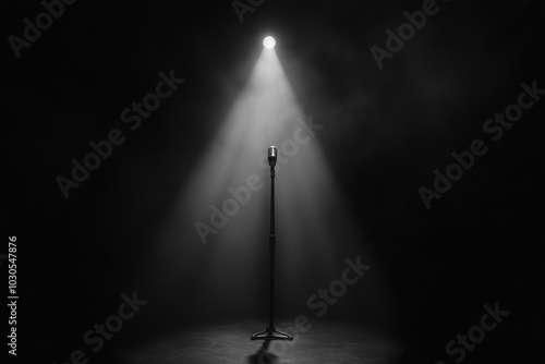 A single handheld microphone, set on a sleek stand, highlight on the podium on the stage 