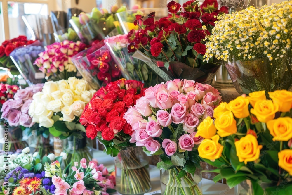 An elegant flower shop with vases filled to the brim blossom rose graphics. An elegant flower shop with vases filled to the brim blossom rose graphics.