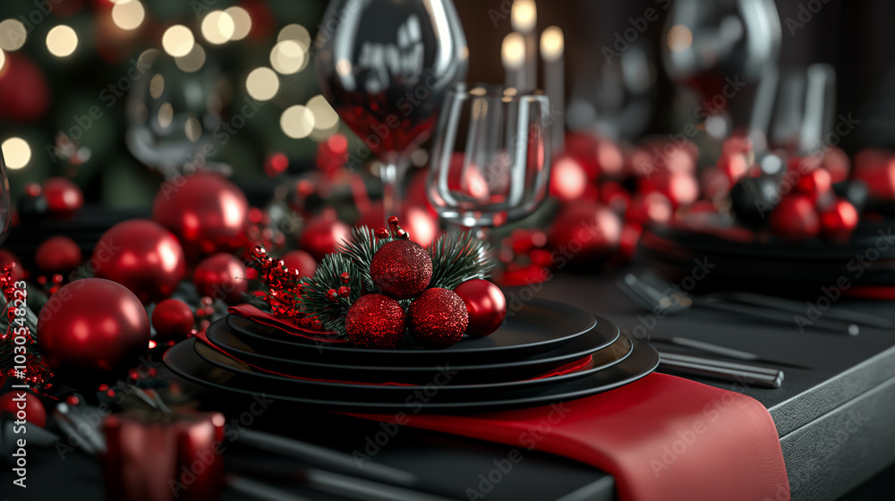 Elegant Christmas Dinner Table Setting with Red Ornaments Elegant Christmas Dinner Table Setting with Red Ornaments