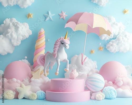 A creative 3D render of summerthemed elements, including a unicorn, beach ball, umbrella, and hat, falling around a pastelcolored podium display stand in a lively composition photo