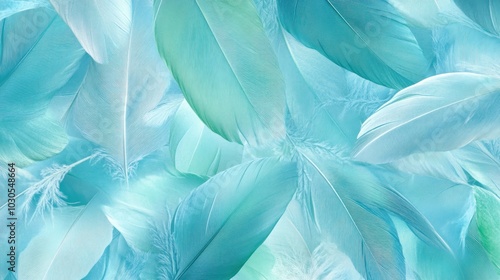 A serene arrangement of soft, translucent feathers in shades of blue and turquoise.