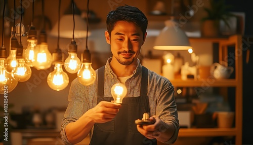 A smart lighting layout incorporating LED and CFL bulbs, featuring an Asian man changing the bulbs in a bright, welldesigned home space for energy efficiency photo