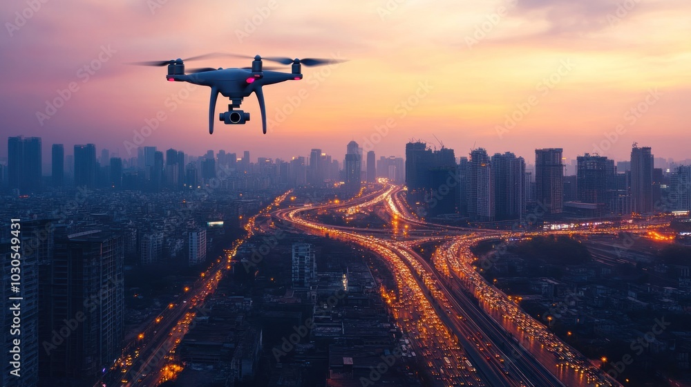 A drone flies over a busy cityscape at sunset. A drone flies over a busy cityscape at sunset.