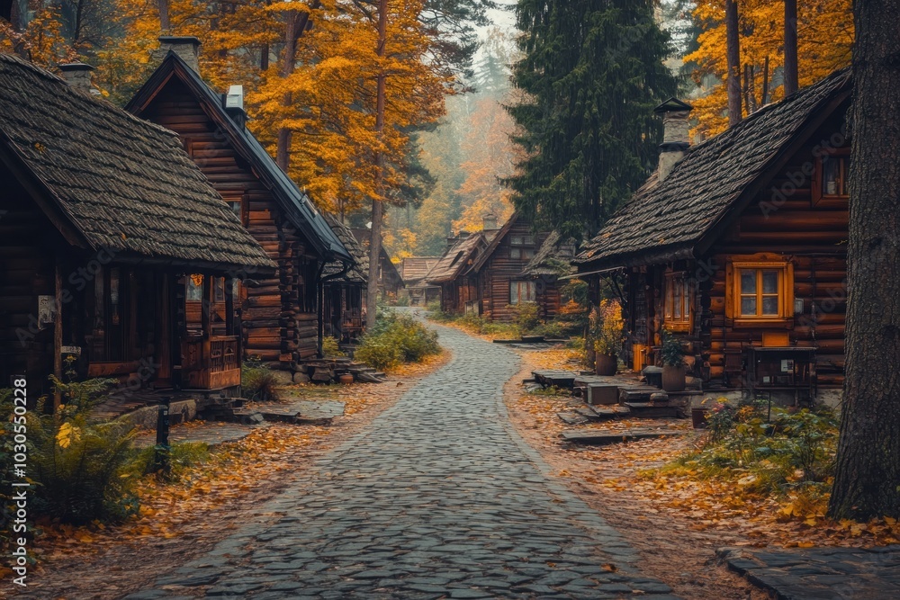 Cozy wooden cabins along a cobblestone path in an autumn forest. Cozy wooden cabins along a cobblestone path in an autumn forest.