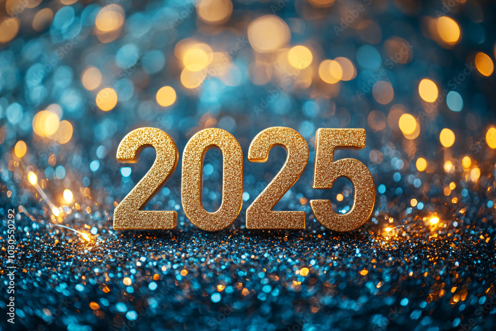 Golden number 2025 and fireworks on blue sparkle and glitter bokeh background. Merry Christmas and Happy New Year celebrating winter holiday background. Golden number 2025 and fireworks on blue sparkle and glitter bokeh background. Merry Christmas and Happy New Year celebrating winter holiday background.