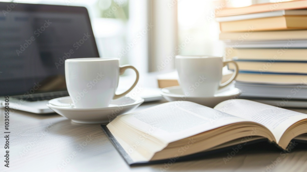 Cozy workspace with laptop, stacked books, and coffee cups on sunlit desk. Cozy workspace with laptop, stacked books, and coffee cups on sunlit desk.