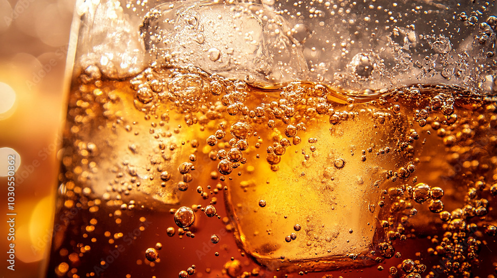 Glass of soda with bubbles and refreshing ice close-up Glass of soda with bubbles and refreshing ice close-up