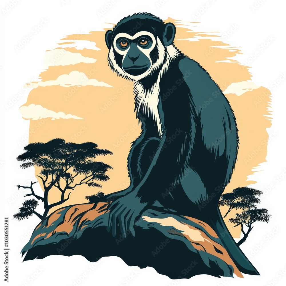 Fototapeta premium Majestic Mona Monkey Resting on a Rock Surrounded by African Landscapes