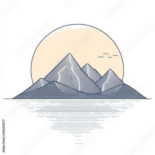 Stylized Mountain Landscape Under a Serene Sunrise with Calm Waters Reflection photo