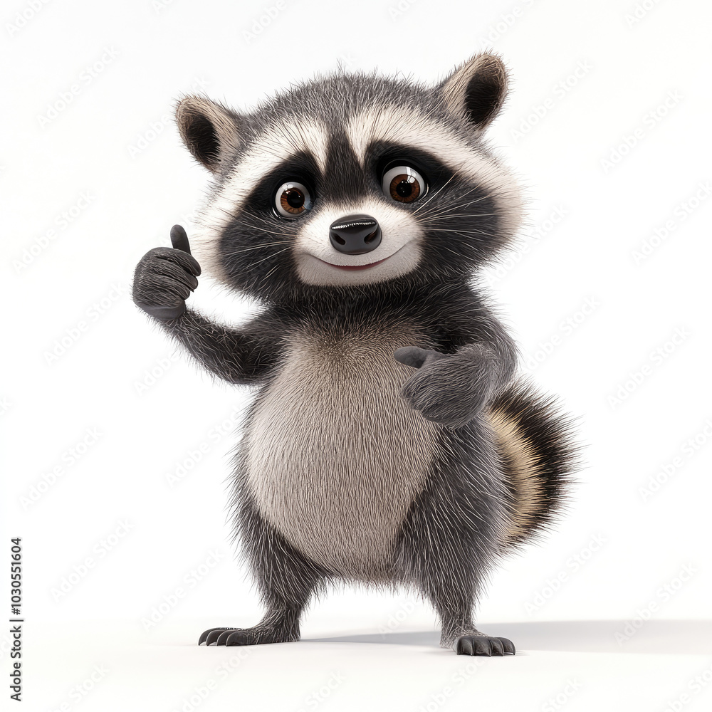 Obraz premium 3d funny cartoon raccoon with a thumbs up gesture, close-up, isolated, on a white background. Cheerful character. Illustration, decor, print for clothes, design for printing on fabric, paper, plastic,