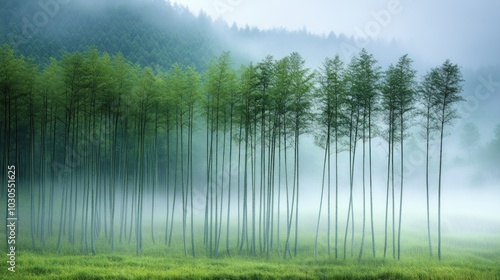 Misty forest with tall trees, showcasing serene nature and tranquility.