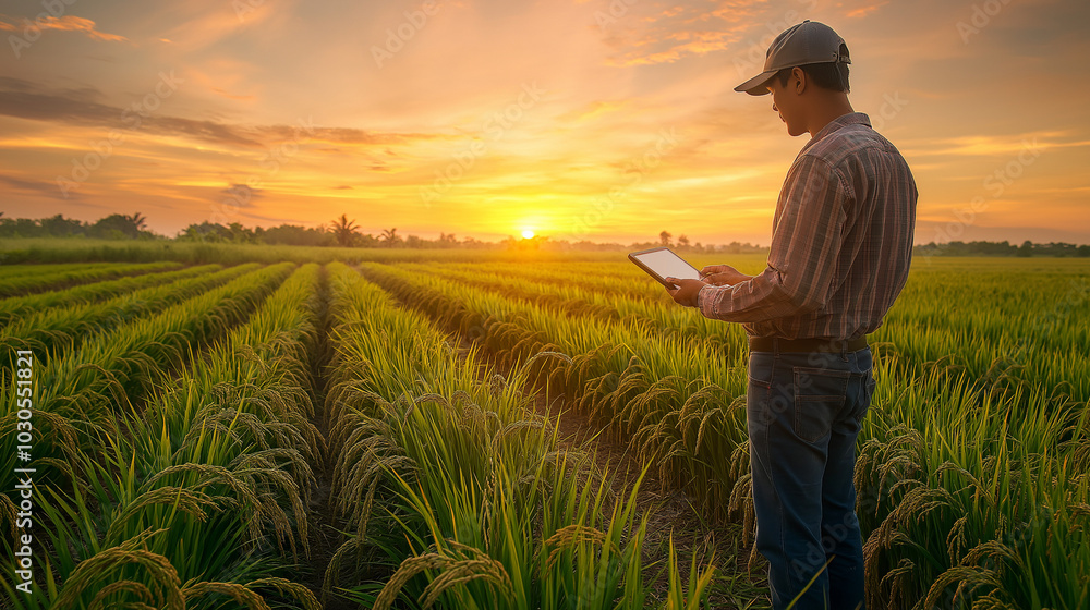 Fototapeta premium An innovative rice farm with farmers using tablets to manage irrigation and monitor crop growth from a distance