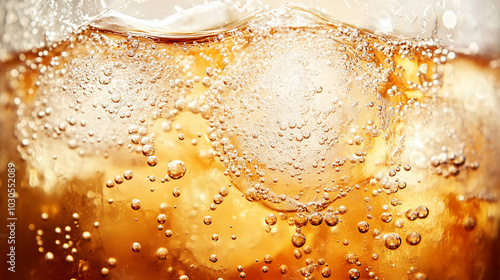 Glass of soda with bubbles and refreshing ice close-up photo