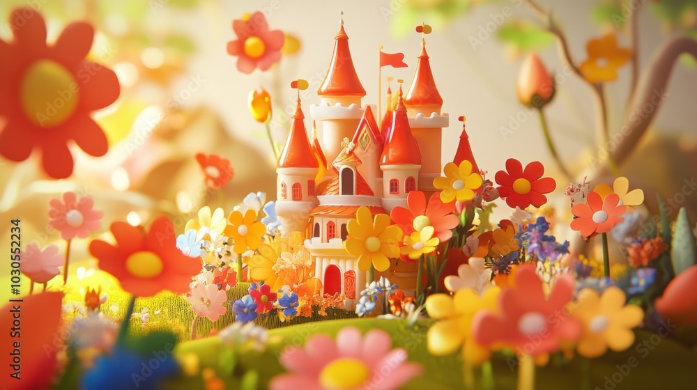 Fototapeta premium A whimsical castle surrounded by colorful flowers in a vibrant, fairy-tale landscape.