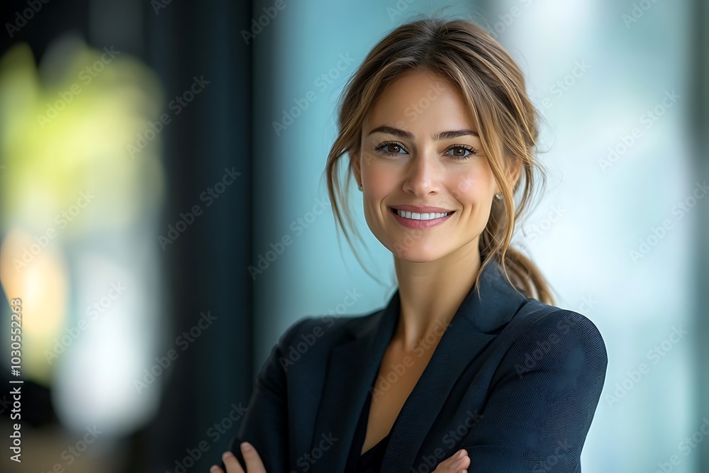Empowered Woman in Stylish Business Suit Smiling Confidently Empowered Woman in Stylish Business Suit Smiling Confidently