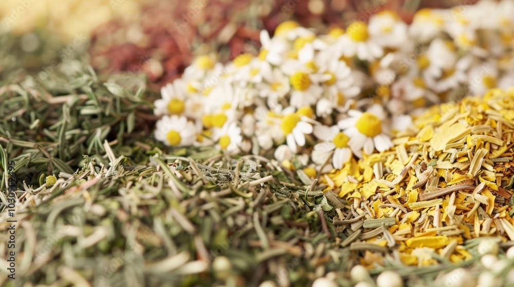 The diverse textures of loose leaf herbal tea ranging from fluffy and soft chamomile to co and woody rosemary creating a unique and flavorful herbal infusion. The diverse textures of loose leaf herbal tea ranging from fluffy and soft chamomile to co and woody rosemary creating a unique and flavorful herbal infusion.