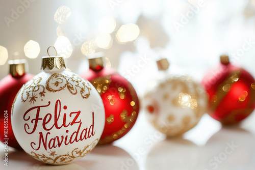 Christmas card with red and white christmas balls and text Feliz Navidad