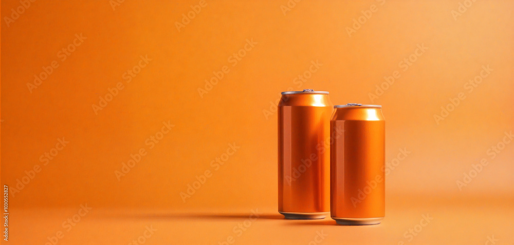 Two orange aluminum cans standing on orange background Two orange aluminum cans standing on orange background