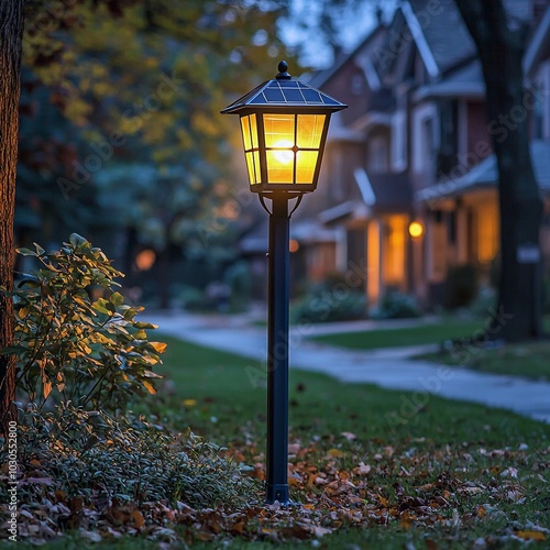 Eco-Friendly Solar-Powered Streetlight Illuminates Peaceful Neighborhood