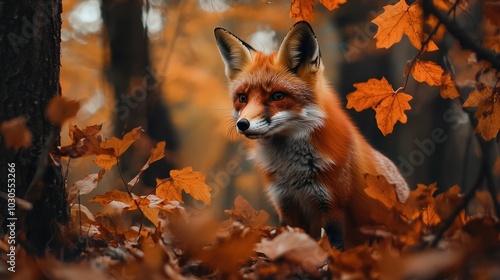 Fototapeta Naklejka Na Ścianę i Meble -  Cute Red Fox in fall forest. Beautiful animal in habitat. Wildlife scene from the wild nature