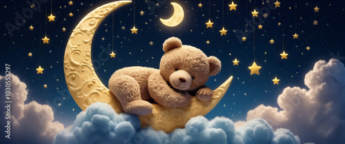 Cute teddy bear sleeping on the moon with starry night background