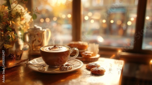 A steaming cup of coffee with cookies on a table by the window, with a blurred city background.