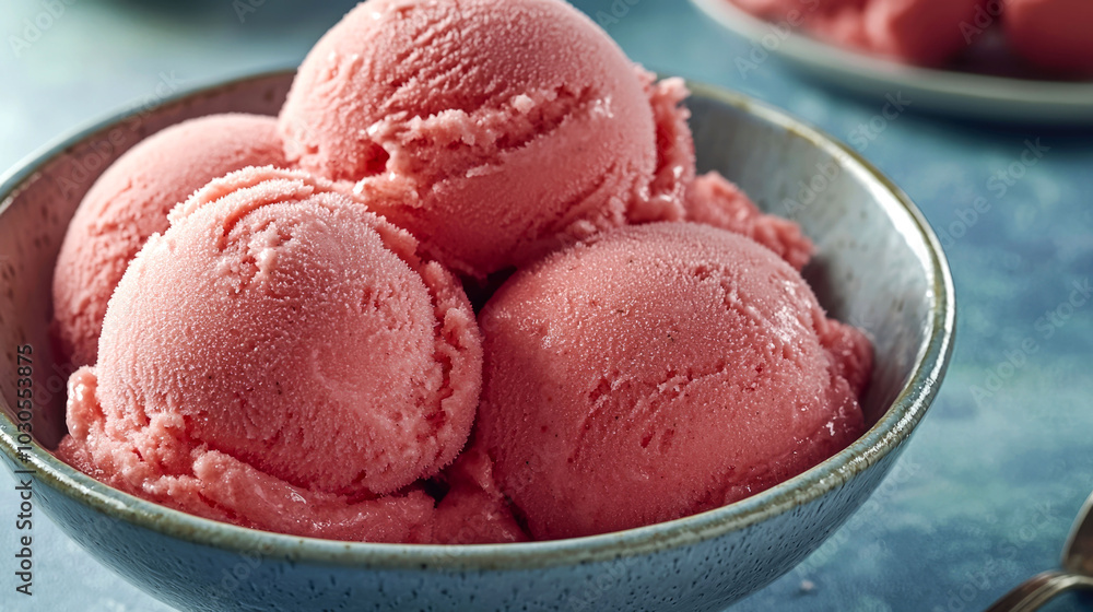 Bowl of pink ice cream scoops. Bowl of pink ice cream scoops.
